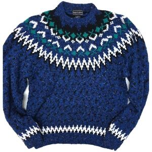 Vintage Peter England Sweater Mens Medium Blue Fair Isle Knit Hong Kong 80s